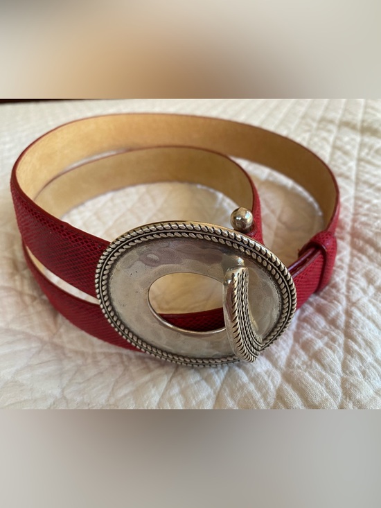 VTG Western Festival Red Snakeskin Leather Statement Belt Silver Oval Toggle XL main image 5